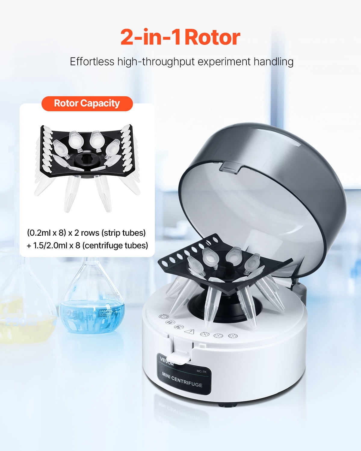 VEVOR Mini Centrifuge Machine, 3013xg RCF Electric Laboratory Centrifuge Machine with 2-in-1 Rotor for 0.2/1.5/2ml Tube Capacity, Fixed Speed 7000r/min, Low Noise, Widely Used in Various Experiments