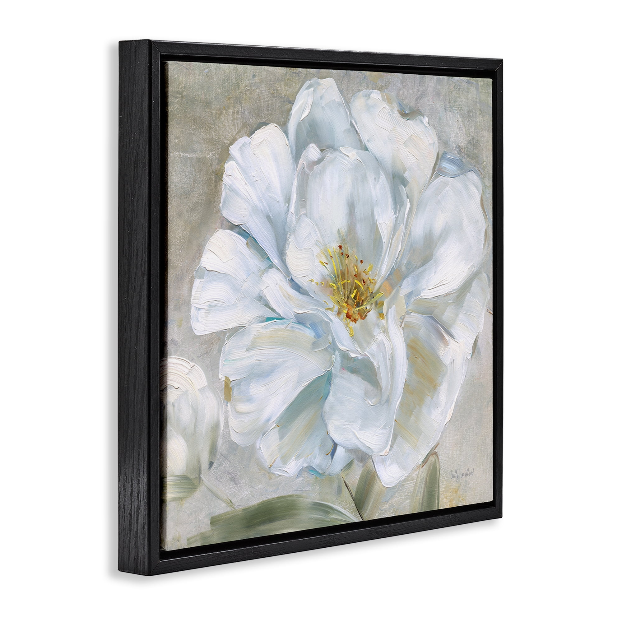 Stupell Industries Close Up White Bloom Plants & Flowers Painting Black Floater Framed Canvas Art Print Wall Art, 25 x 25