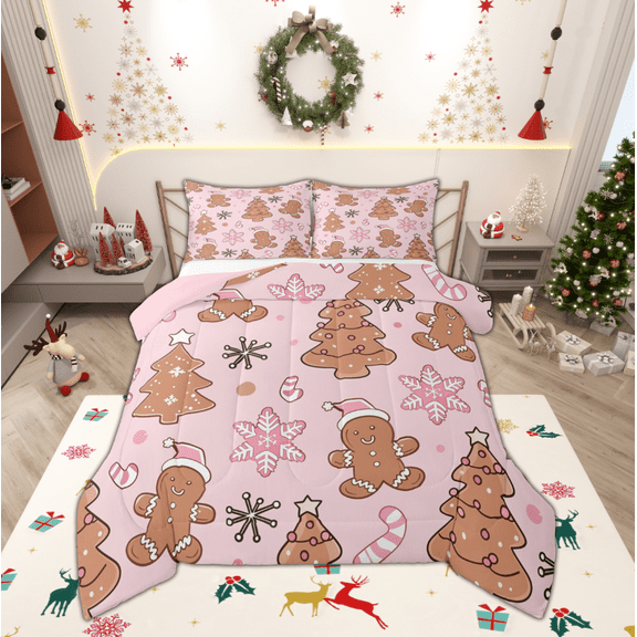 Manfei Christmas Dessert Child Bedding Comforter Set, Kawaii Snowflake Print Twin Comforter Sets, Princess Cartoon Style Reversible Bedding Set, Breathable Home Decor, 2pcs