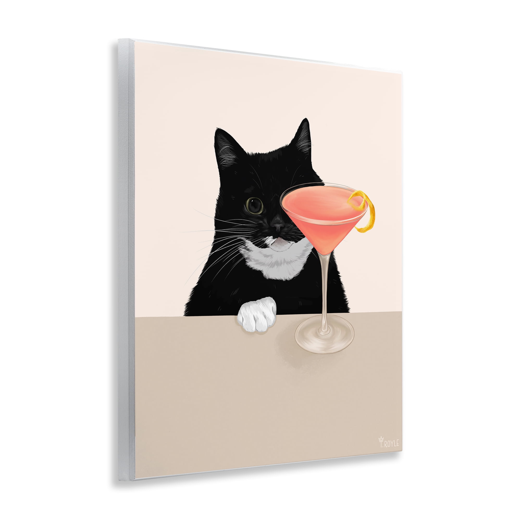 Stupell Industries Cat & Pink Cocktail Food & Beverage Painting Unframed Art Print Wall Art, 11 x 14