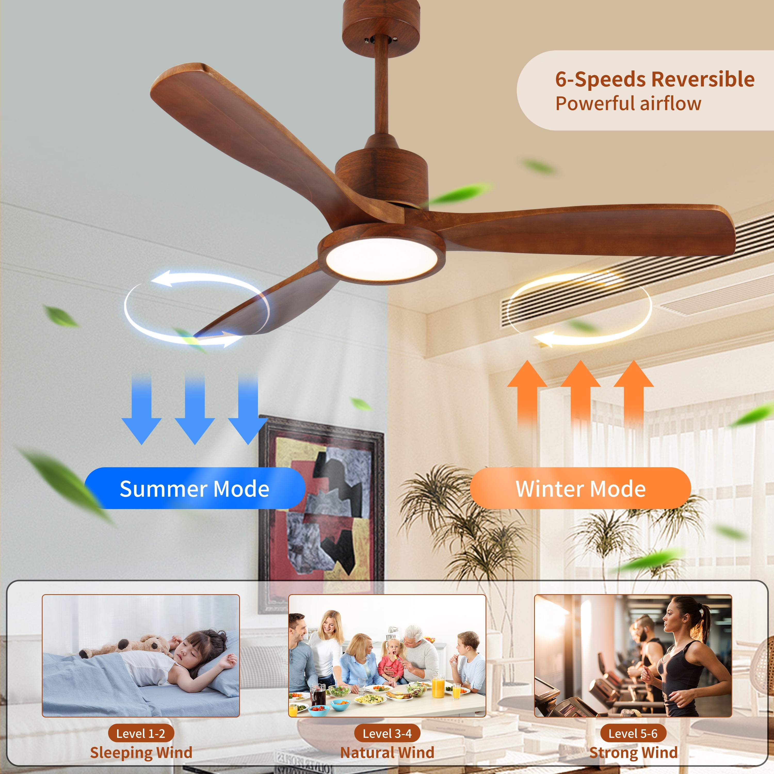Noaman 52 Inch Wood Ceiling Fan with Light and Remote, Modern Low Profile DC Motor Fan, 6-Speed Reversible, Natural Wood for Bedroom/Outdoor/Patio