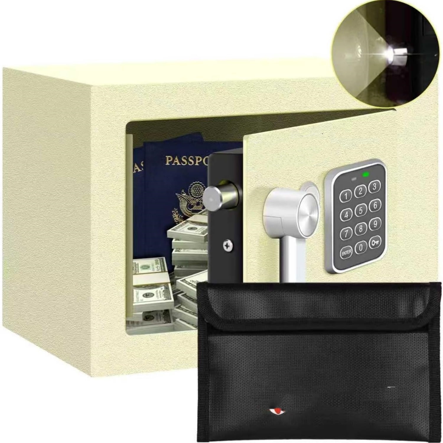 Safe Box for Home Safe (0.23 Cubic Feet) with Fireproof Bag, Personal Money Safey for Cash Saving, Mini Safey with Key, Digital Safety Box with Light, Money Lock Box (White)