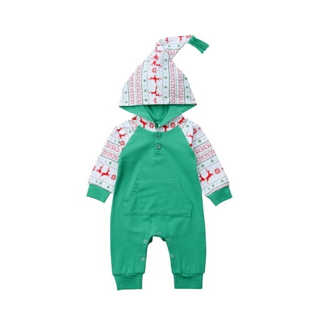 

Baby Xmas Romper Festive Printed Long Sleeve Button-Down Outfit Hoodie One-piece Jumpsuit