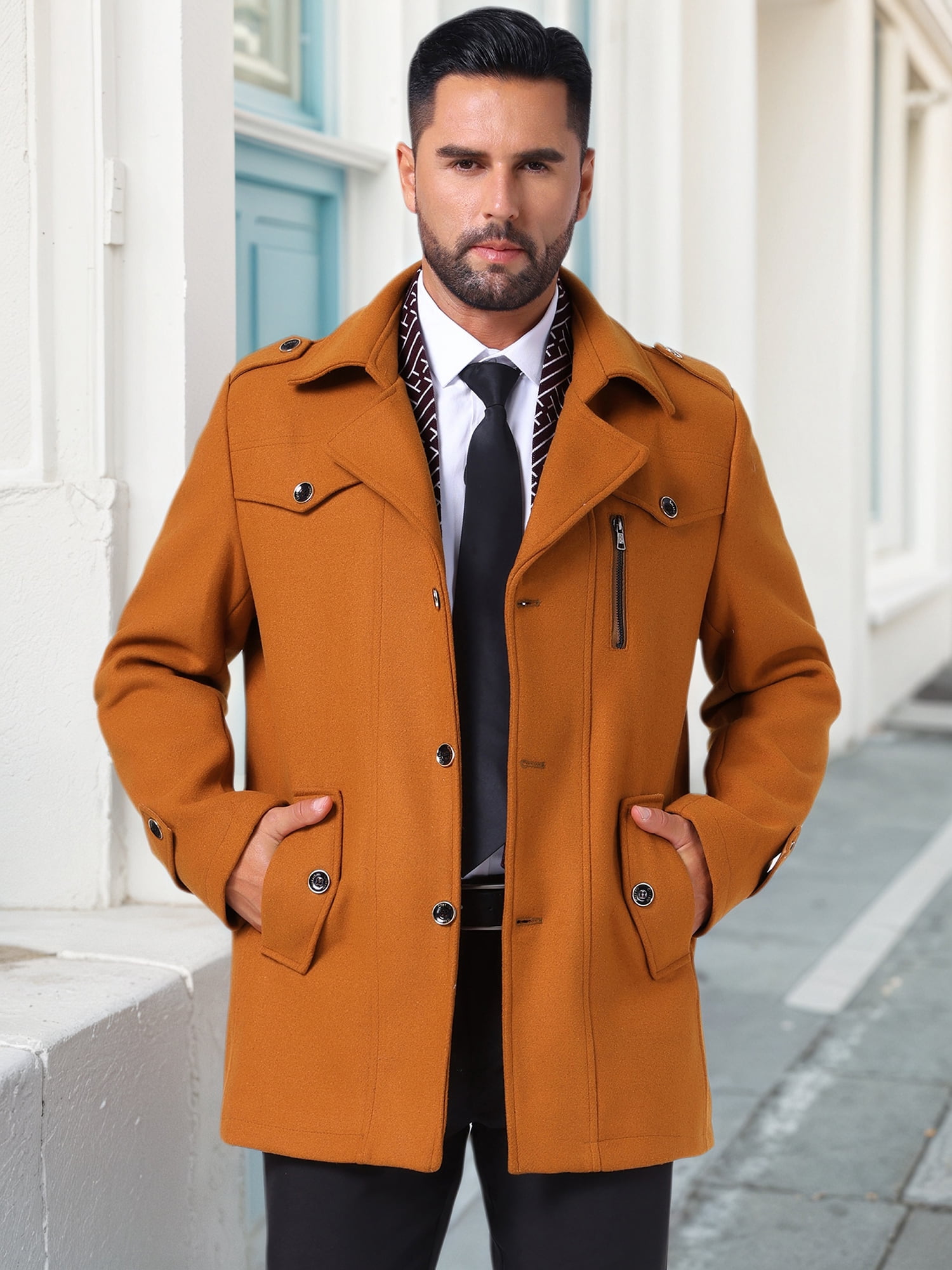DARING DIVA Men's Mid-Length Overcoat Zipper Single Breasted Winter Coat M Caramel Brown