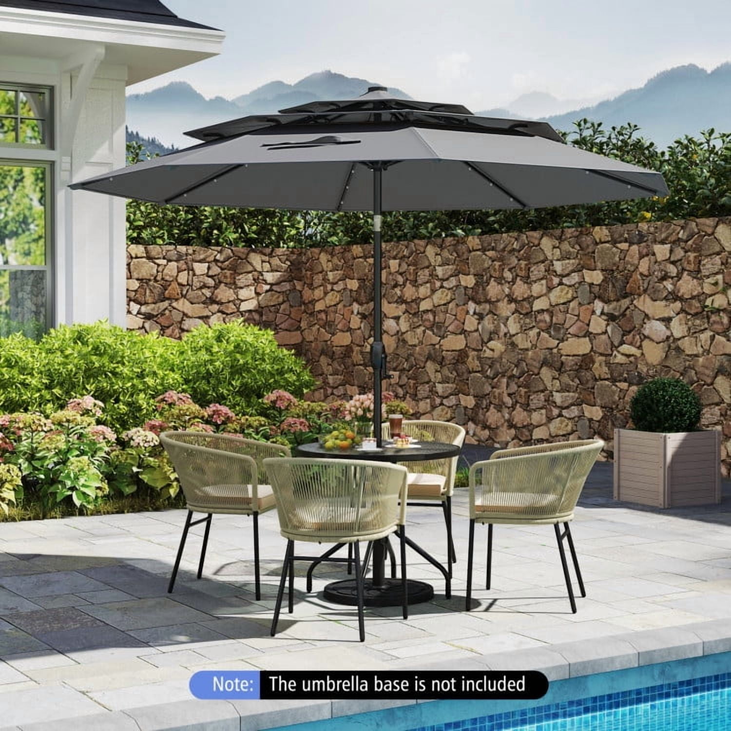 YYAo Outdoor Garden Umbrella,Market Umbrella,10 Feet Solar Patio Umbrella with 32 LED Lights 3-Tier Vented Top-Gray