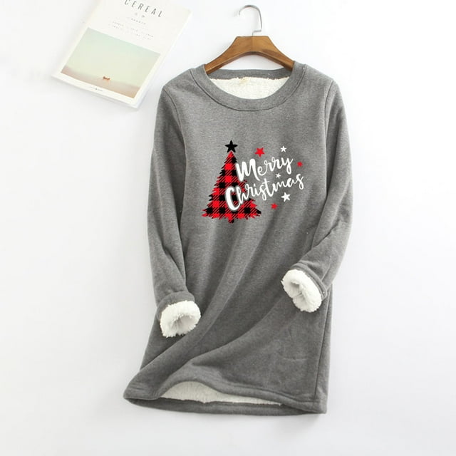 Tenues Mignonnes pour Femmes, Tempérament Décontracté d'Hiver, Mode, sous-Couche Chaude en Peluche, Imprimé de Noël, Manches Longues, Col Rond, Tenues de Yoga en Liquidation