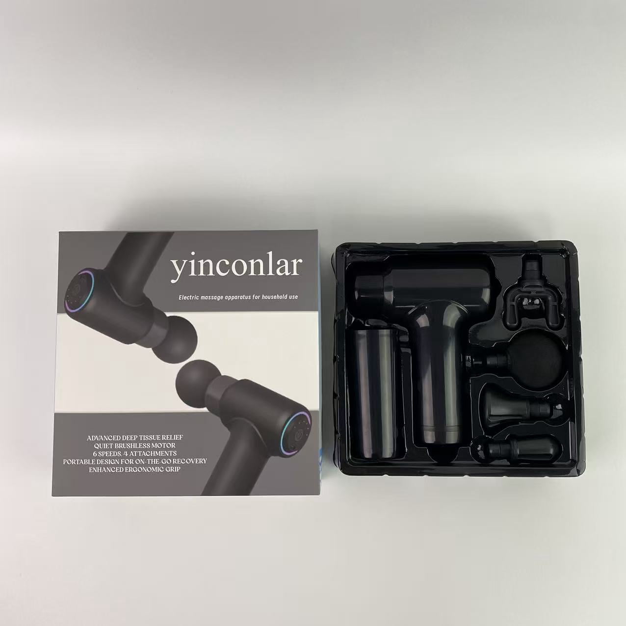 yinconlar Electric massage apparatus for household use,Deep Tissue Massage Gun, 4 Attachments, Quiet Motor, Ergonomic Grip, 6-Speed Lightweight Percussion Massager