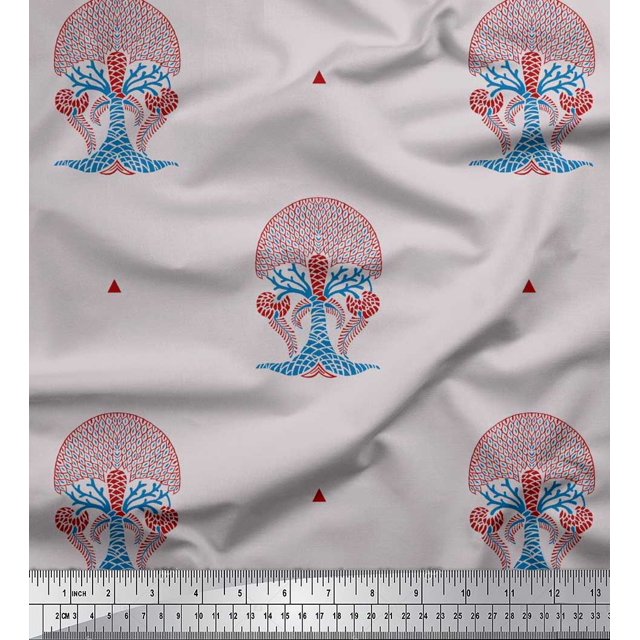 Soimoi Silk Fabric Tree Block Printed Craft Fabric by The Yard 42 Inch Wide
