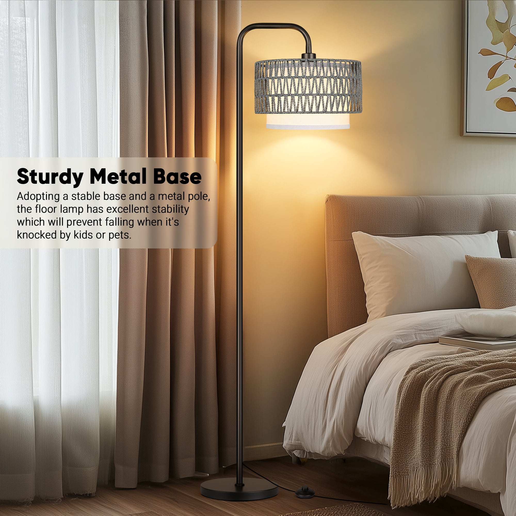 SparkGlowy 68‘’Floor Lamp for Living Room, Tall Standing Lamp with Remote 3 Color Temperatures Dimmable Bulb, Gray Rattan and Fabric Dual Shades