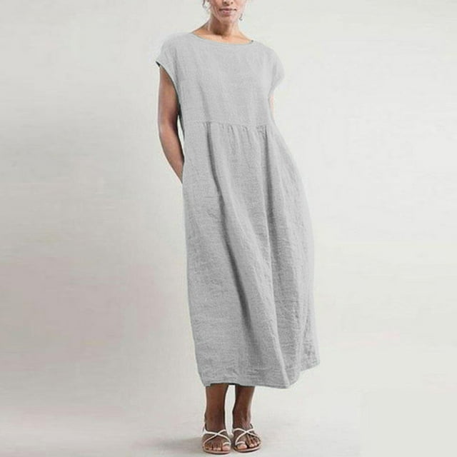 Meichang Robes en Coton et Lin pour Femmes Grande Taille Robe d'Été Soleil Décontractée Sans Manches Robes Tunique Ample Débardeur Robe de Plage Robes Maxi Fluides avec Poches