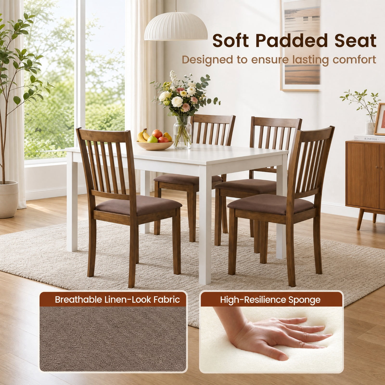 Furnibear Upholstered Wooden Dining Chairs Set of 2 with Padded Fabric Seats and Rubber Wood Frame for Kitchen Dining Room, Brown