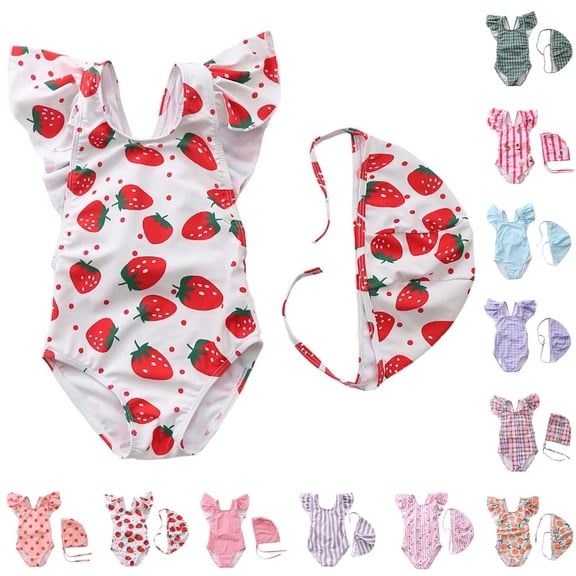 Agkizg Summer Plaid Ruffle Sleeve One-Piece Swimsuit And Matching Swim Cap Set for Infant Beach Pool Bathing Activities Swimsuits (Baby Girls)