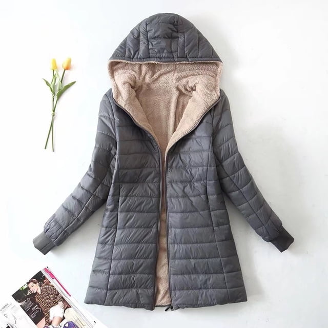 Chaqueta de algodón de corte ajustado con capucha de longitud media a larga con forro polar para mayor calidez, parte superior de forro polar de cordero para prendas de abrigo de mujer