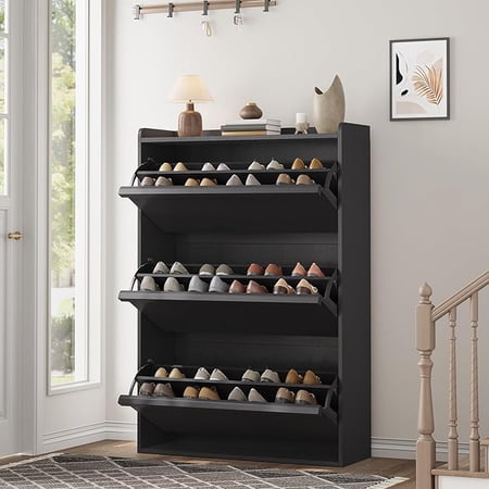 Shoe Cabinet with 3 Flip Drawers Wooden Shoe Organizer Cabinet with Adjustable Shelf Shoe Storage for Entryway Hidden Shoe Cabinet for Hallway Living Room Black