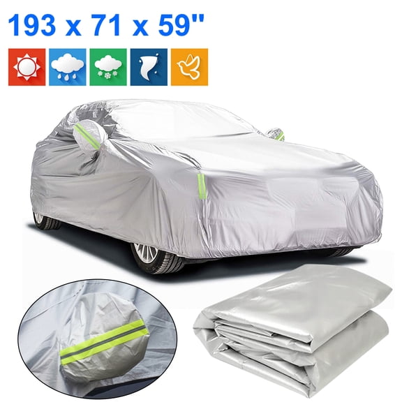 TSV Car Cover Waterproof All Weather, Outdoor Full Exterior Cover for Sedan, 193 x 71 x 59", Silver