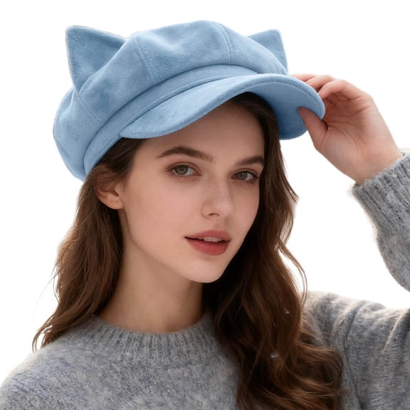 Valora Stylish Japanese Beret Hat With Cat Ear Design Solid Color Eight Cap For Fashion Daily Wear Blue