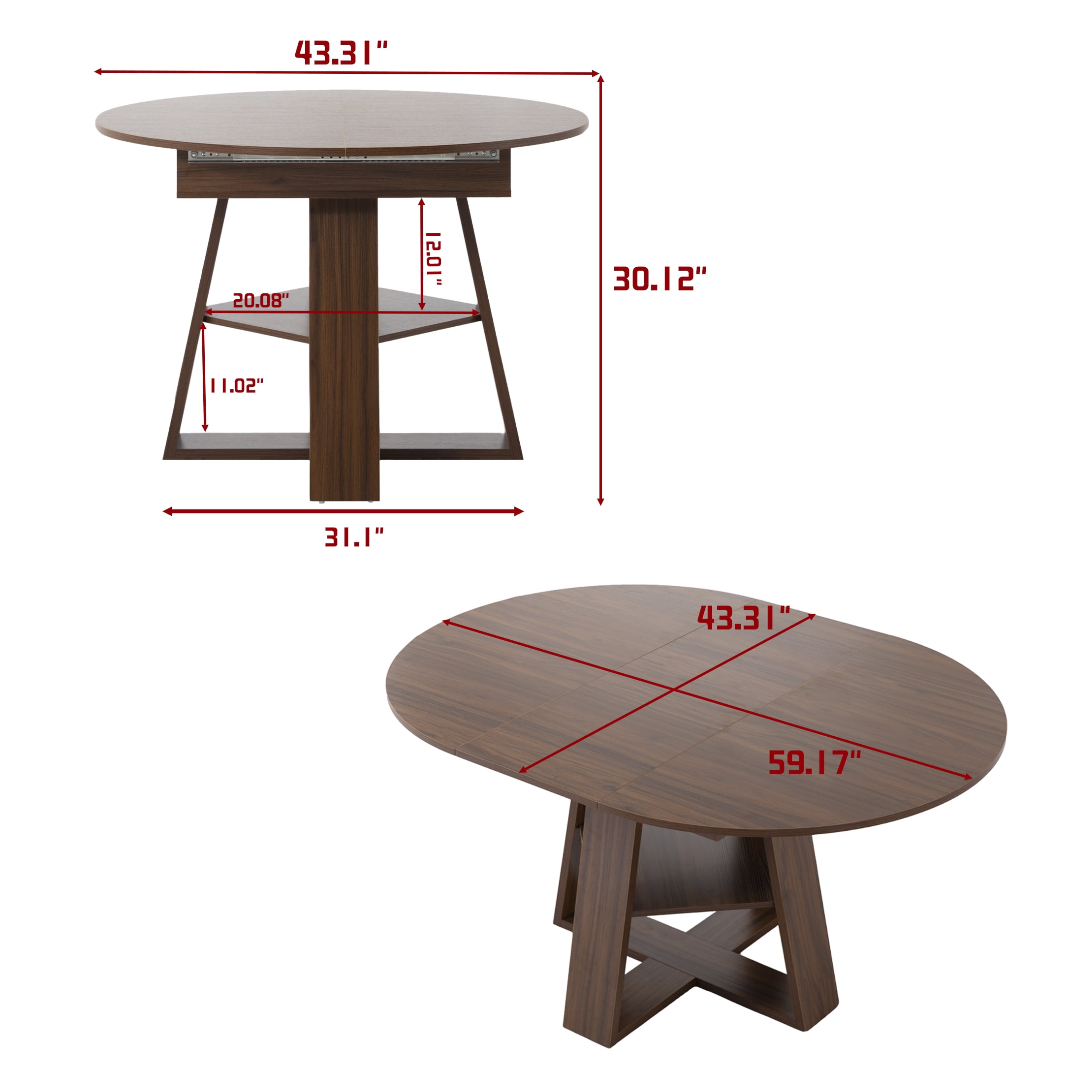 Gewnee Extendable Dining Table with Open Storage Shelf,Retractable Design with 2 Leaves,Modern MDF Wood Table for Small Spaces,Easy Assembly,Walnut Finish