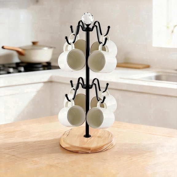 Cup Storage Rack THENNIKIGO Coffee Mug Rack, Black Iron Wooden Base, 8 Cups Kitchen Counter Cup Storage Stand