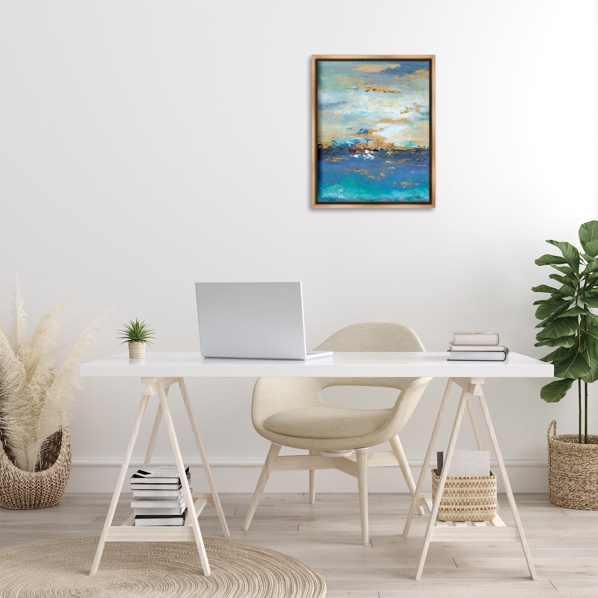 Stupell Industries Ocean View with Tan Accents Abstract Painting Brown Floater Framed Canvas Art Print Wall Art, 17 x 21