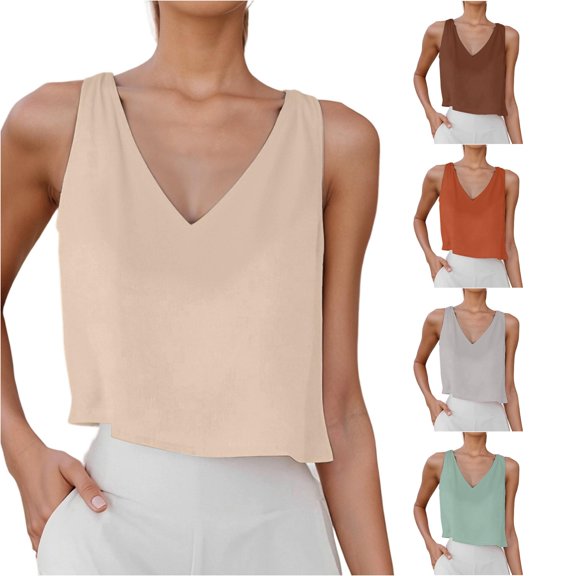 Women'S Tank Tops Summer Cotton Linen Basic Loose Fit Tops V-Neck Sleeveless Solid Color Clothes Casual Soft Club Everyday Wear,Beige,L