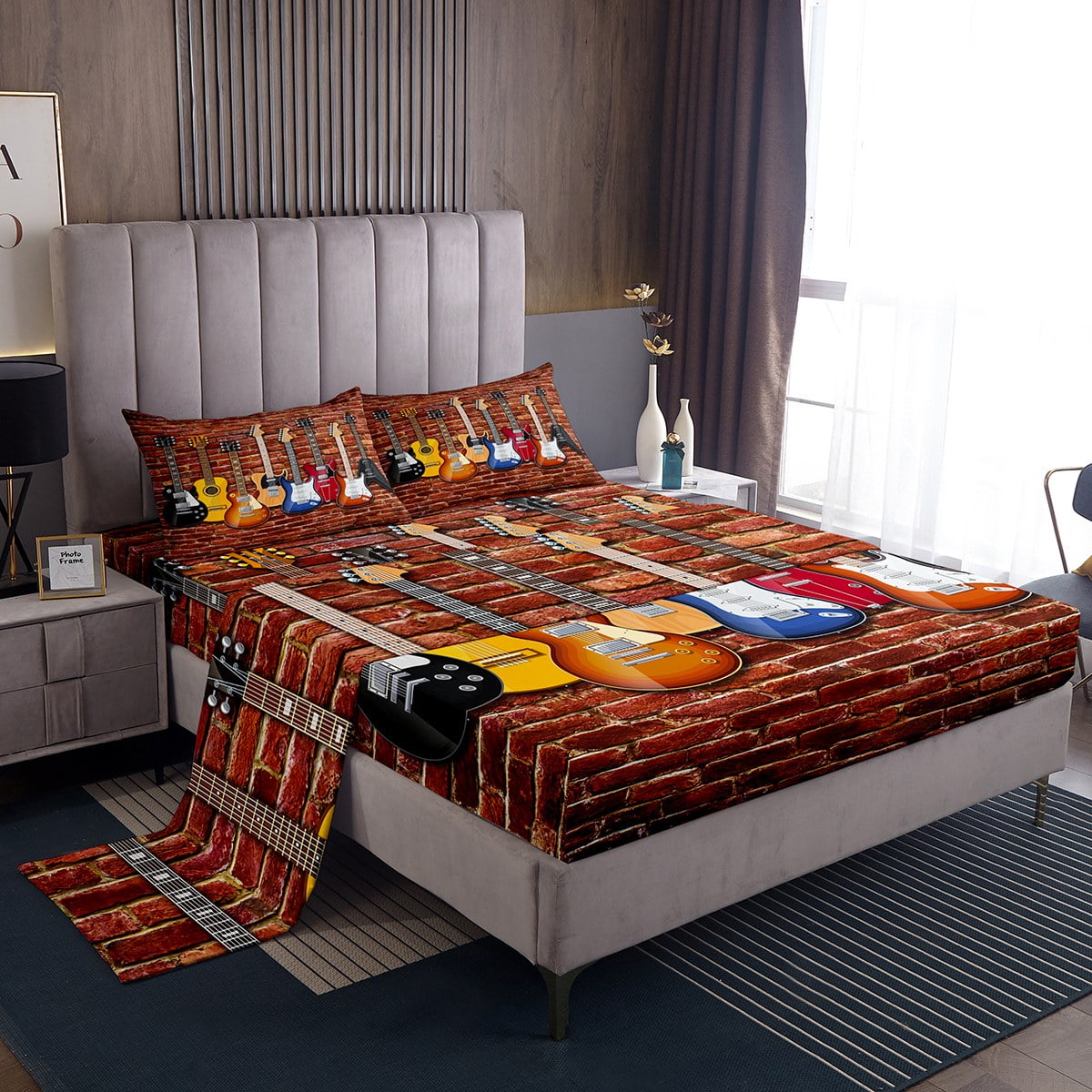 YST 3D Guitar Sheets Music Themed Bed Sheets Boys Girls Teens Rock Music Decor Queen Sheet Set Electric Guitar Fitted Sheet Vintage Wall Brick Flat Sheet Retro Instrument Bedroom Decor 4pcs Walmart