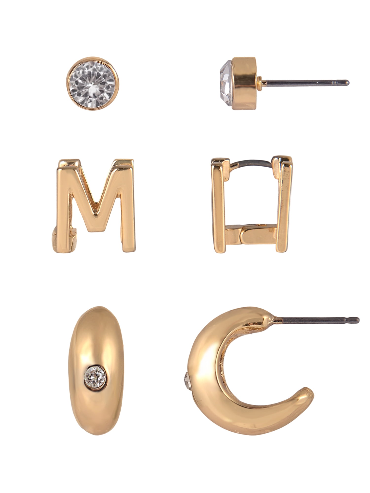 Time and Tru Goldtone 3-On Crystal Stud, Hoop, Initial "M" Earring Set