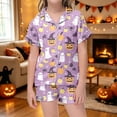 thumbnail image 2 of MEZZALL Girls Halloween Sleepwear Short Sleeve Pumpkin Ghost Printed Lapel Blouse Pajamas Sets Tops With Elastic Waist Shorts Two Piece Loungewear For Kids Breathable Nightwear, 2 of 4