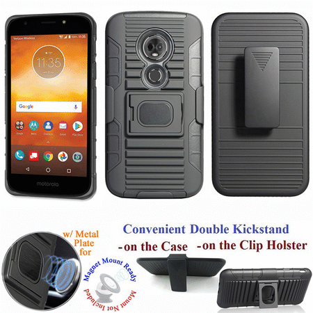 for 6" Motorola moto E5+ Plus E5 SUPRA Case Belt Clip Holster Phone Case Mag Mount Ready Bumper 2 Kick stand Hybrid Armor Impact Cover Black
