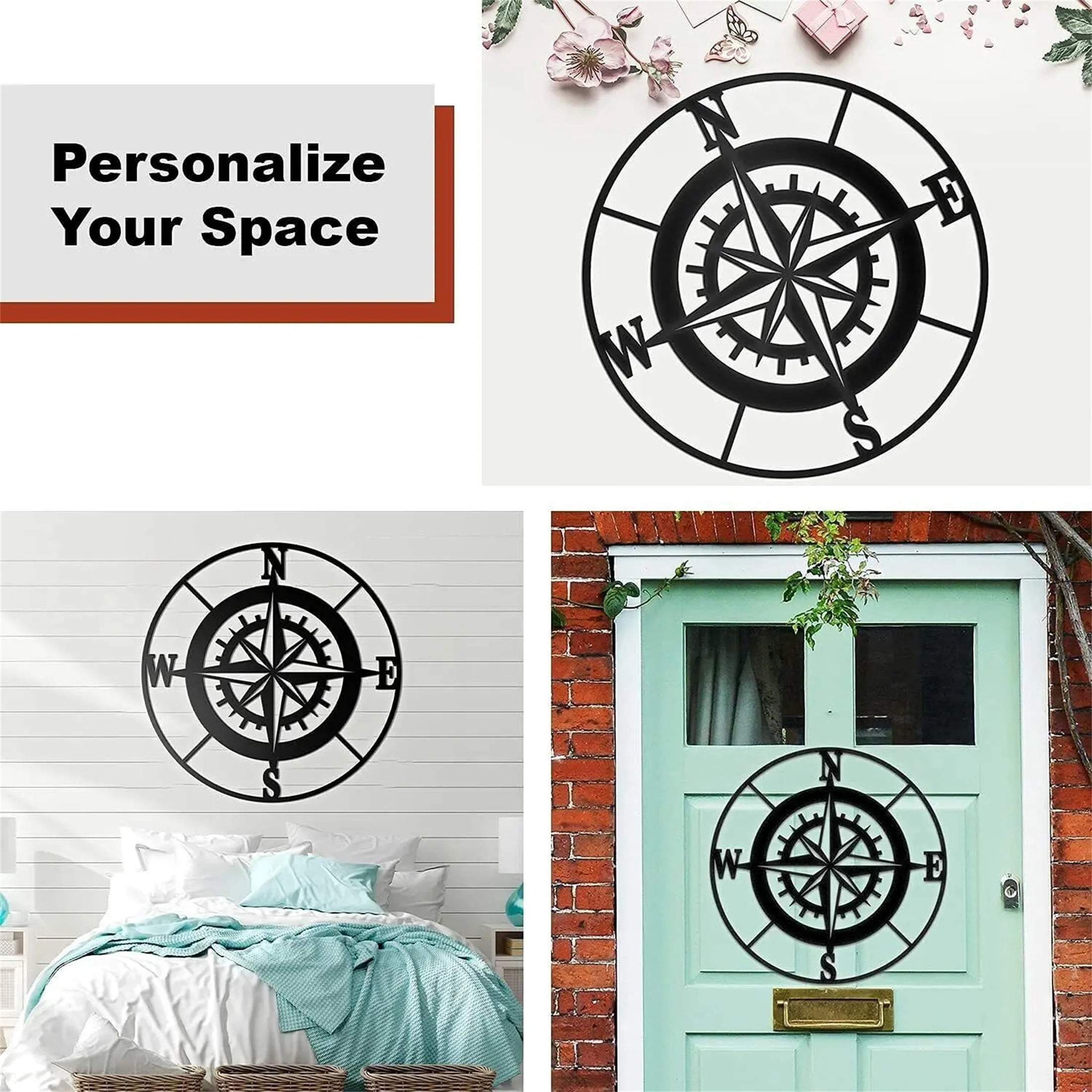 11.5in /13in Iron Crafts, Nautical Compass Wall Decor –Black Metal Compass Outdoor Wall Art Nautical Decor