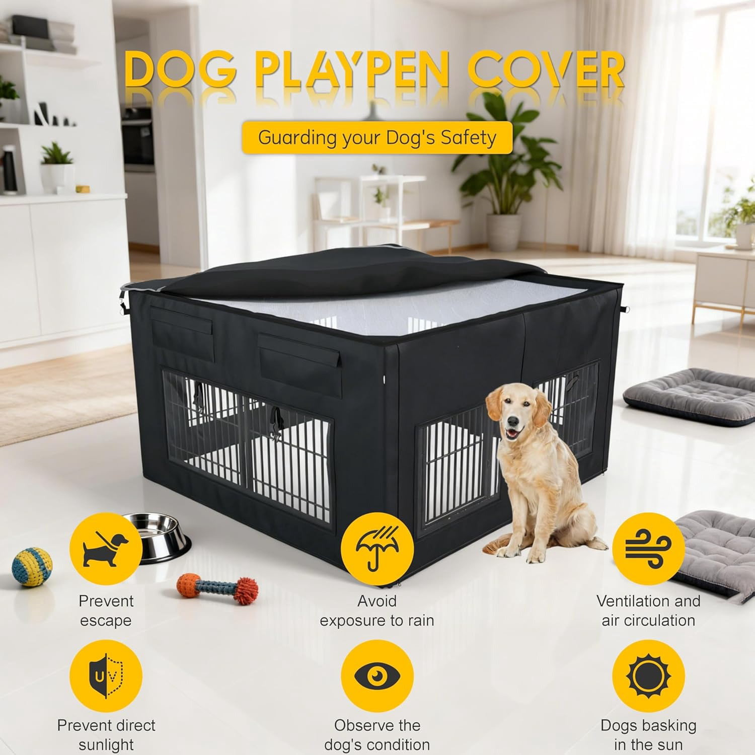 Dog Playpen Cover | 1680D Waterproof Oxford Cloth & Nylon Mesh | Fits 32" H 8 Panels Dog Playpen Only | UV-Resistant, Waterproof, Breathable | Black