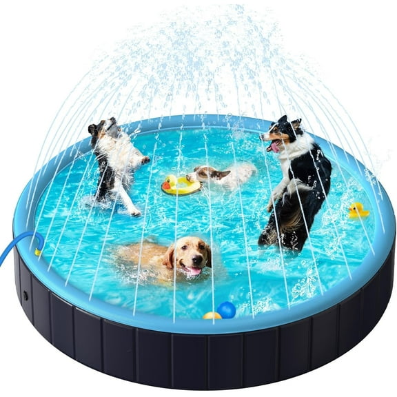 Dog Pool for Large Dogs, Foldable Pet Wading Pool with Splash Sprinkler, Outdoor Summer Bathtub Heavy Duty for Puppy, Doggie, Duck -Blue -63 x 12 Inches