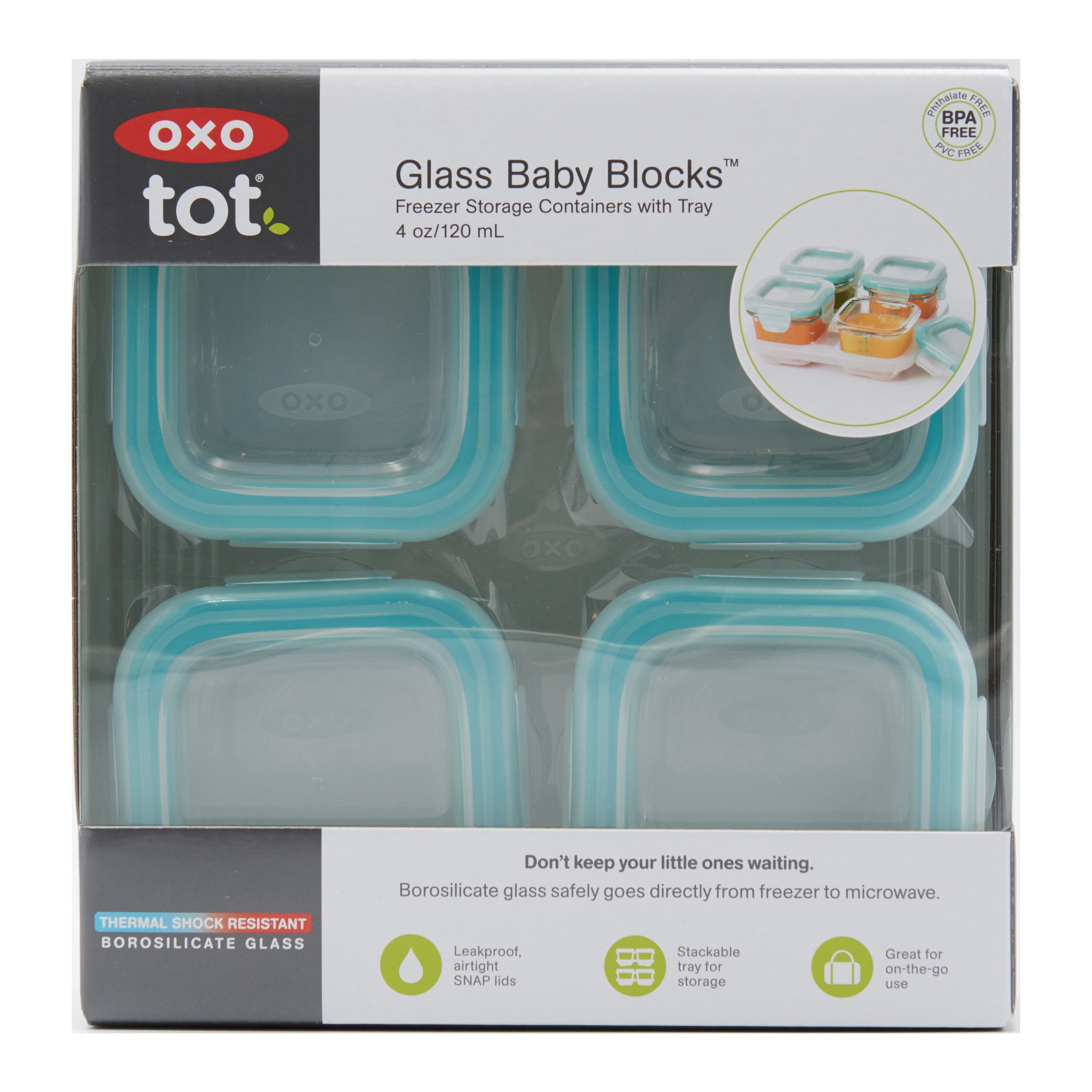 OXO Tot Glass Baby Blocks Food Storage Containers, 4oz, Teal, 4-Pack, For Infants Ages 0-12 Months