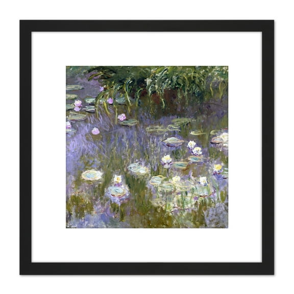 Claude Monet Water Lilies Painting 8X8 Inch Square Wooden Framed Wall Art Print Picture with Mount