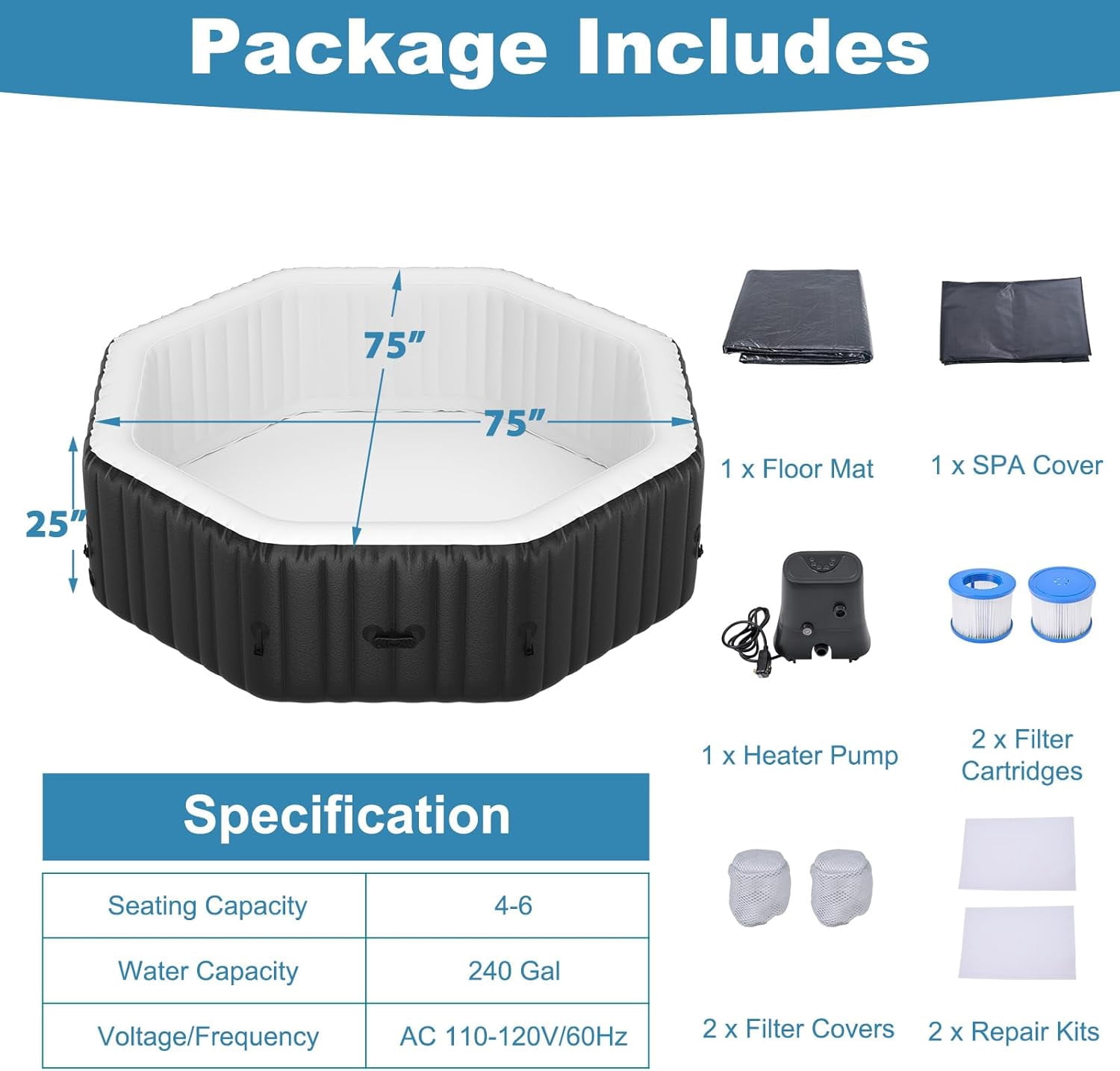 Slsy Hot Tub - 75"L X 75"W X 25"H Inflatable Hot Tub, 4-6 Person Portable Blow Up Hot Tub Square Portable Outdoor Spa with 130 Bubble Jets, Built in Heater Pump, 2 Filter