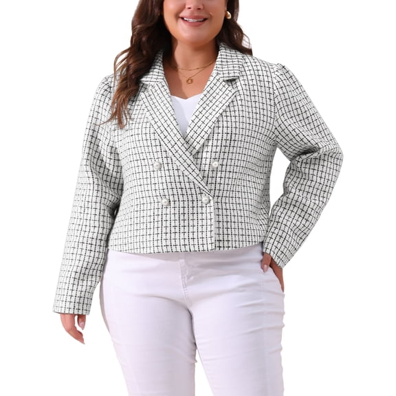 Agnes Orinda Plus Size Halloween Outfits Plaid Tweed Blazers for Women Notched Lapel Elegant Office Crop Jacket 1X White