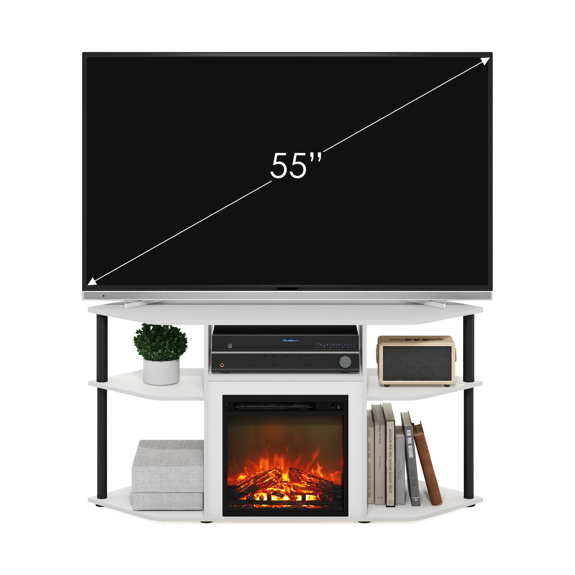 Furinno Jensen Open Storage Corner Fireplace TV Entertainment Center with Plastic Poles for TV up to 55 Inch, Solid White/Black