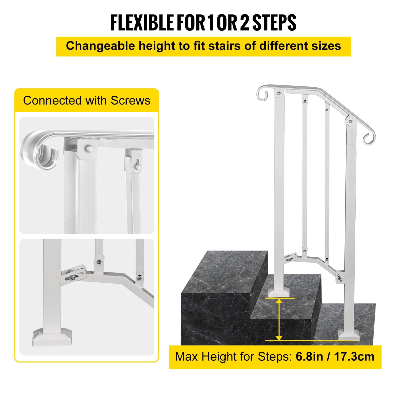 BENTISM Wrought Iron Handrail Fits 1 or 2 Steps for Outdoor Steps Railing White