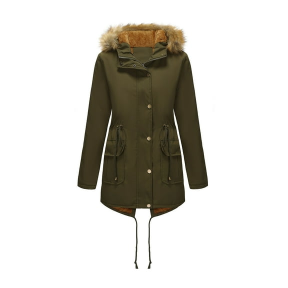 Women's Winter Jacket Thicken Fleece Lined Coat Tunic Parka Coat with Faux Fur Hood Olive Green M