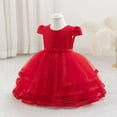thumbnail image 4 of SERTG Little Girls' Party Dress Sheer Paneled Skirt with Back Zipper Short Sleeve Round Neck Princesse Outfit for 6 Months-4 Years(Red,18 Months), 4 of 6