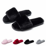 Fuzzy Fluffy Slides Fur House Slippers for Women Slip On Memory Foam Sandals Slippers Open Toe Slippers Women Flat Spa Slides Slippers House Shoes with Anti-Skid Rubber Sole