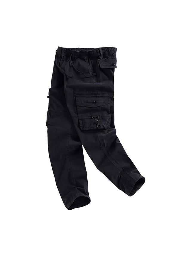 Men's Straight Leg Cargo Pants for Men Solid Color Drawstring Elastic Waist Multi Pocket Outdoor Trousers Gift