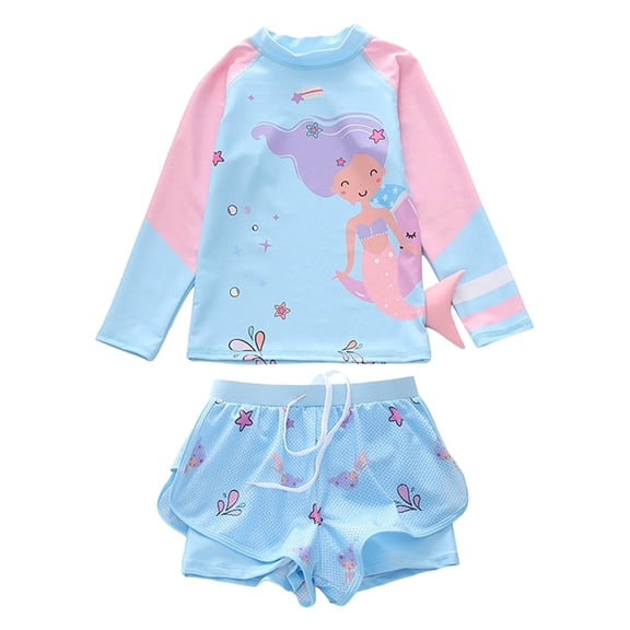 NIEWTR Toddler Girls Children's Swimsuit Girls Split Long Sleeve Beach Sports Net Boxer Shorts Swimsuit Swimwear Beach Bathing Suit for Summer Vacation 5-6 Years Sky Blue