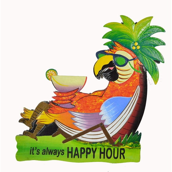 Hand Carved Wooden Parrot in Chair ITS Always Happy Hour Cocktails Drinking Beach Sign
