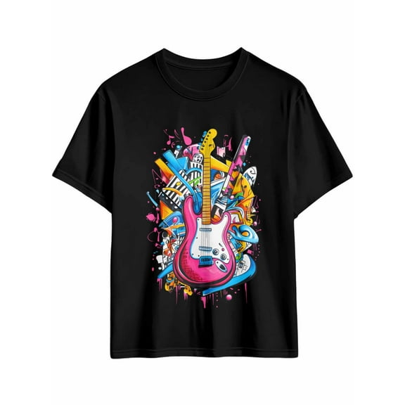 Men's T-Shirt Music Guitar Cartoon Short Sleeve Casual Tee Classic Crew Neck T-Shirt for Men, L