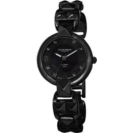 - AK755BK Swiss Quartz MOP Diamond Dial Black Womens Watch