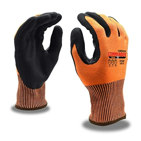 

10-Pack of Cordova 3732FXL Commander Foam Orange Work Gloves 13-Gauge HPPE/Glass/Steel Fiber Shell Black Foam Nitrile Palm Coating Nitrile Thumb Crotch Touchscreen Fingers ANSI Cut A7 X-Large