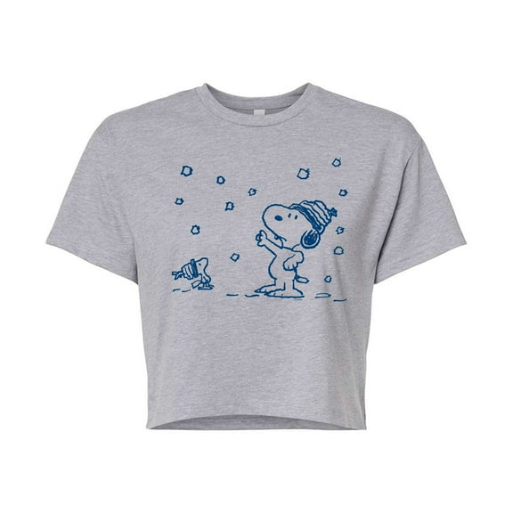 Peanuts - Snow Snoopy And Woodstock - Juniors Cropped Cotton Blend T-Shirt