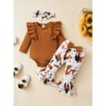 thumbnail image 2 of 3pcs Newborn Baby Girl Pants Set Ribbed Long Sleeve Romper Tops + Flare Trousers + Headband, 2 of 8
