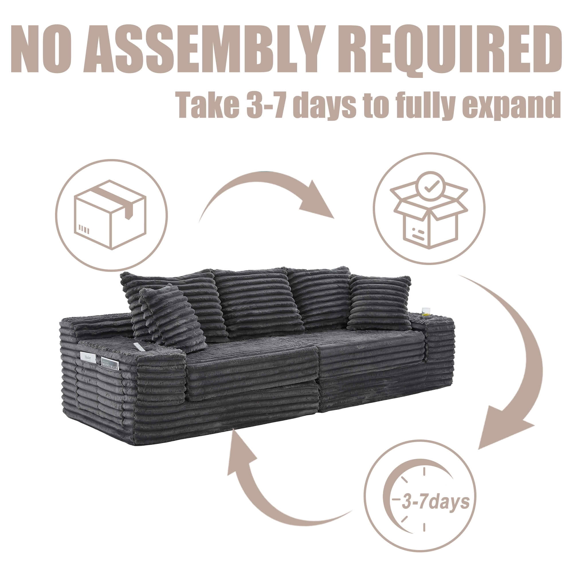 MAYEERTY 4-Seater Boneless Cloud Sofa Bed, Breathable Corduroy Upholstered Couch with Pillows, Cup Holders & Side Pockets, No Assembly for Home Small Spaces