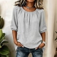 thumbnail image 4 of Qulqfy Crew Neck Womens Blouses Cotton Linen Short Sleeve Casual Solid Elastic Hem Gray Spring Boho Women Tops S, 4 of 5